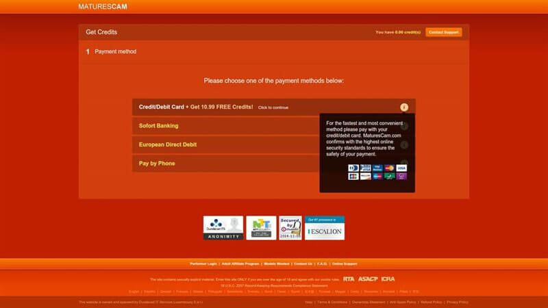 Buying credits at MaturesCam.com