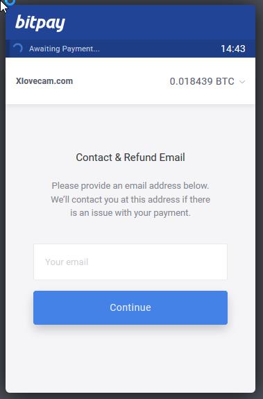 XLoveCams Bitcoin payment confirmation