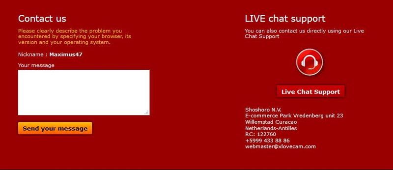 There are customer support options on XLoveCam.com